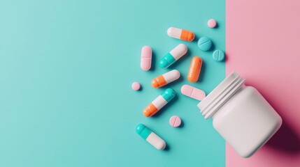 Colorful Pills and Capsules Spill from Jar on Vibrant Split Background