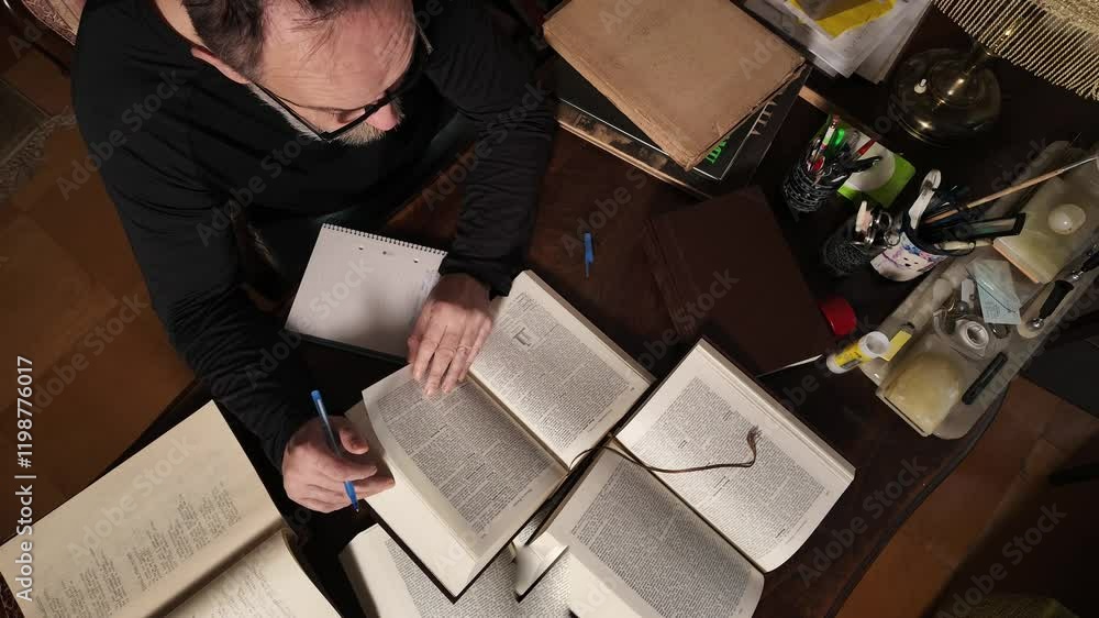 Poster time-lapse of a person writing notes in a notebook from the books that surround it on a wooden table