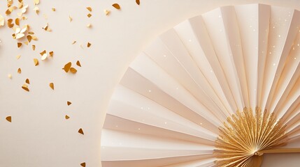 A glowing paper fan with gold accents styled on a neutral backdrop for Chinese New Year.