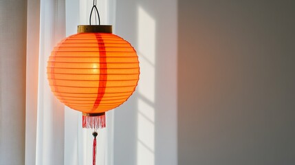 Obraz premium A glowing paper lantern hanging in a clean, white minimalist setting for Chinese New Year.