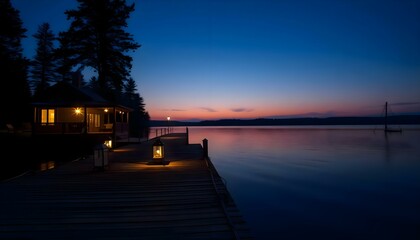 a dock at night with a lit lantern on it