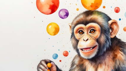 This watercolor artwork features a monkey holding a golden orb. The intricate details of the monkey's fur.