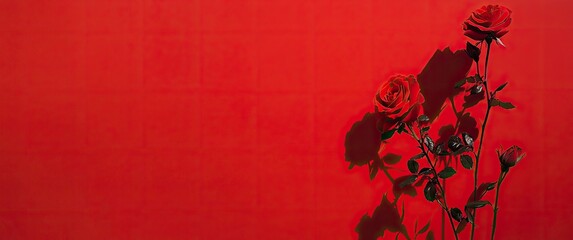 A vibrant red background with roses with copy space, perfect for romantic themes or special events like love day, all on one page, high resolution, 