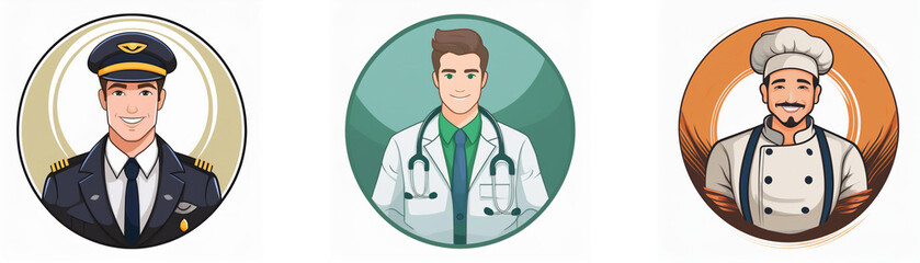 Fototapeta premium Three circular portraits depict a pilot, doctor, and chef. Each professional is illustrated in a cartoon style, conveying a friendly and approachable image.