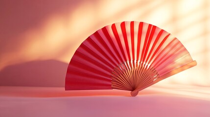A glowing red paper fan styled on a smooth pastel background for Chinese New Year.