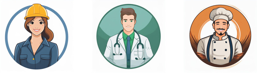 Fototapeta premium Three diverse professionals: a female engineer, a male doctor, and a male chef, depicted in circular avatars. Their professions represent different career paths and skill sets.