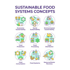 Sustainable food systems multi color concept icons. Products safety, sustainability. Industry, regulation. Icon pack. Vector images. Round shape illustrations for infographic. Abstract idea