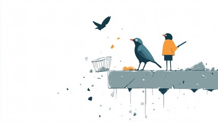 Whimsical Bird Art: Quirky Avian Scene on a Crumbling Ledge - A Touch of Nature's Charm