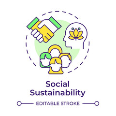 Social sustainability multi color concept icon. Equal society, community. Teamwork, partnership. Round shape line illustration. Abstract idea. Graphic design. Easy to use in infographic