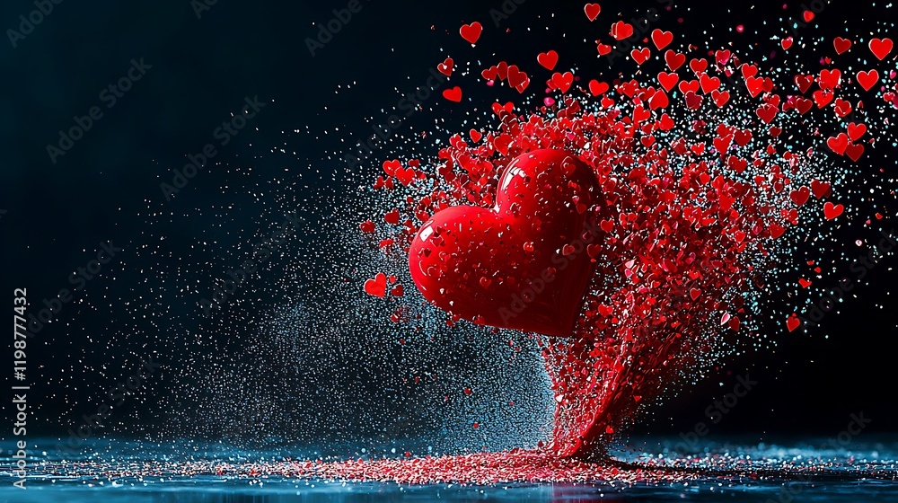 Poster Vibrant Dynamic Scene of Floating Red Hearts Creating a Whimsical and Joyful Atmosphere with a Splash of Colorful Sparkle and Vivid Emotion
