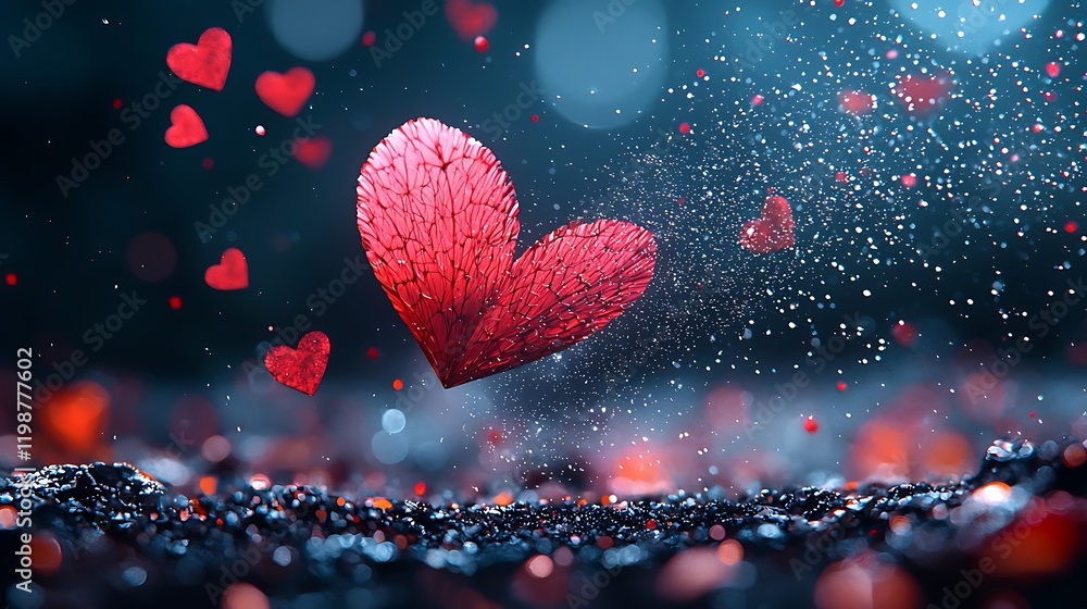 Poster a dynamic and vibrant scene featuring floating red hearts with a magical sparkle effect against a da