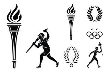 Torch icons, black and white silhouettes, flame designs, simple geometric shapes, Olympic torch variations, minimalist torch collection, stylized fire symbols, vector graphics, ancient torch illustrat