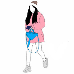 a fashionable woman dressed in a pink coat carring a distintive blue bag while walking outdoors.the composition depicts a sense of modern style and urban aesthetic in everyday life.