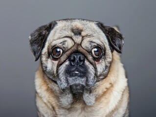 Obraz premium A pug with a wrinkled face against a soft gray background
