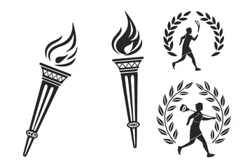 Torch icons, black and white silhouettes, flame designs, simple geometric shapes, Olympic torch variations, minimalist torch collection, stylized fire symbols, vector graphics, ancient torch illustrat