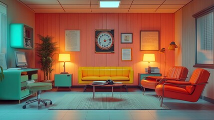 A 1980s inspired office scene with colorful furniture, a rotary phone, and paper stacks
