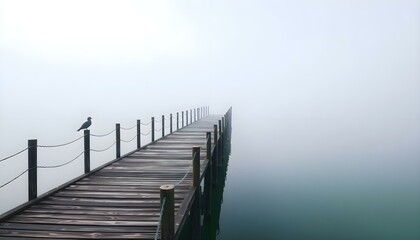 a bird is sitting on a dock in the fog