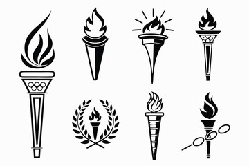 Torch icons, black and white silhouettes, flame designs, simple geometric shapes, Olympic torch variations, minimalist torch collection, stylized fire symbols, vector graphics, ancient torch illustrat