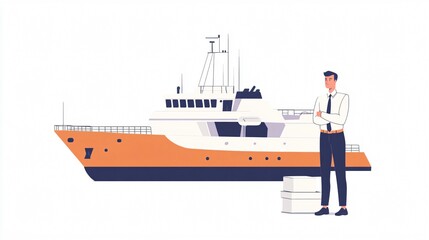 Maritime Businessman Stands with Folded Arms in Front of a Cargo Ship, Symbolizing Logistics, Shipping, and International Trade