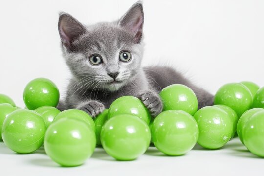 Energetic Russian Blue kitten plays with green toy balls