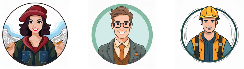 Three circular profile illustrations depict diverse professionals: an artist, a businessman, and a construction worker. Each avatar showcases unique attire and expressions reflecting their respective 
