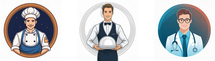 Fototapeta premium Three circular portraits showcase professionals: a chef, waiter, and doctor. Each is depicted in a stylized, cartoonish manner.