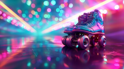Lively rollerskating party background featuring vibrant colorful lighting and a festive atmosphere