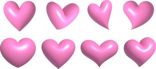 Pink 3D heart shape for decoration. Various angles of pink heart. Symbol of love.