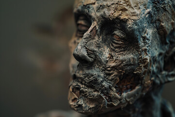 Obraz premium Scary sinister zombie wandering in street with dramatic lighting on Halloween, abstract vivid composition consists of fictional unreal fantastic vision on background