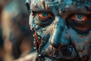 Scary sinister zombie wandering in street with dramatic lighting on Halloween, abstract vivid composition consists of fictional unreal fantastic vision on background