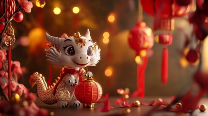 A playful baby dragon holding a lantern, framed with delicate red and gold ribbons for Chinese New Year.