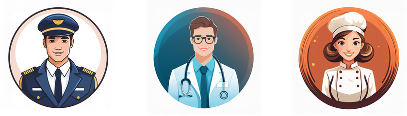Fototapeta premium Three circular profile icons depict a pilot, doctor, and chef. Each person is smiling and wears professional attire.