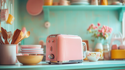 Vibrant retro kitchen with pink toaster highlighting mid-century design elements
