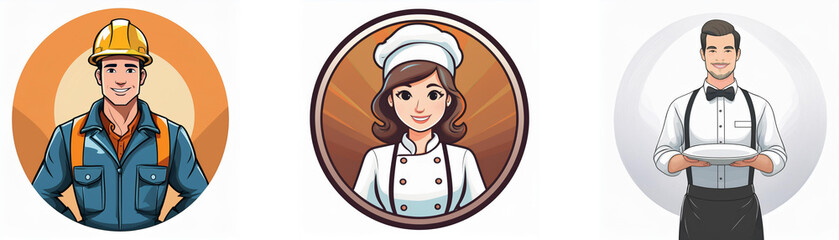 Fototapeta premium Three circular profile icons depict diverse professions: a construction worker, a chef, and a waiter. Each illustrates a person in their respective work attire.