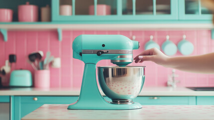 Retro kitchen scene with pink and aqua vintage hand mixer for interior design inspiration