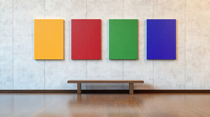 Four colorful rectangular art pieces adorn a contemporary wall, separated by vibrant hues, in a...