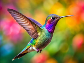Fototapeta premium Vibrant Hummingbird in Flight: Macro Photography of Shimmering Wings