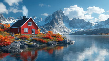Fototapeta premium a small red house on a rocky shore beside a lake with snow-capped mountains in the background.