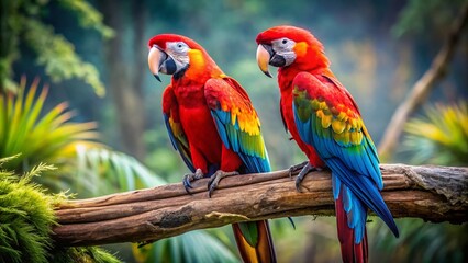 Obraz premium Vibrant Macaw Parrots Perched on a Branch in a Lush Tropical Setting