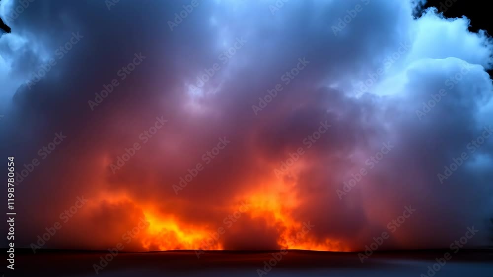 Poster dramatic sky with vibrant orange and red clouds contrasts against deep blue backdrop, creating fiery