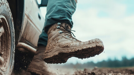 Obraz premium Adventurous explorer stepping out of a 4x4 in muddy terrain with hiking boots