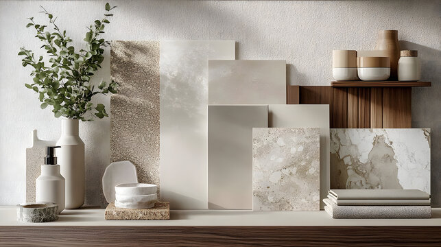 a material mood board for kitchen, neutral colors