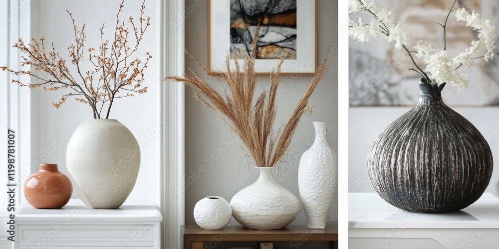 Poster three vases of different shapes and sizes are displayed on a table. the vases are white and black, a