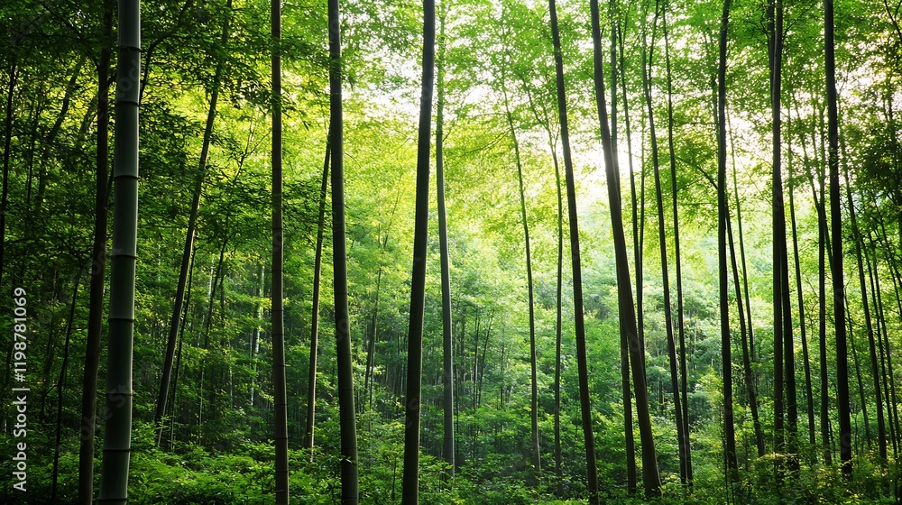 Poster sunlit bamboo forest creating a lush and vibrant natural paradise in springtime : generative ai