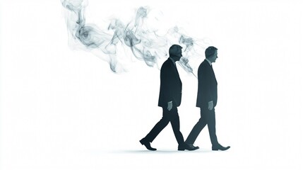 Fototapeta premium Two businessmen in suits walking with smoke effect. Conceptual image of corporate life, leadership, teamwork, and future direction.