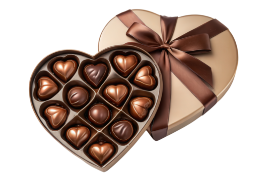 Heart shaped box of assorted chocolate sweets isolated with transparent background
