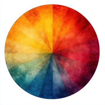 Abstract circular color wheel with wood texture, showing a spectrum of vibrant hues.
