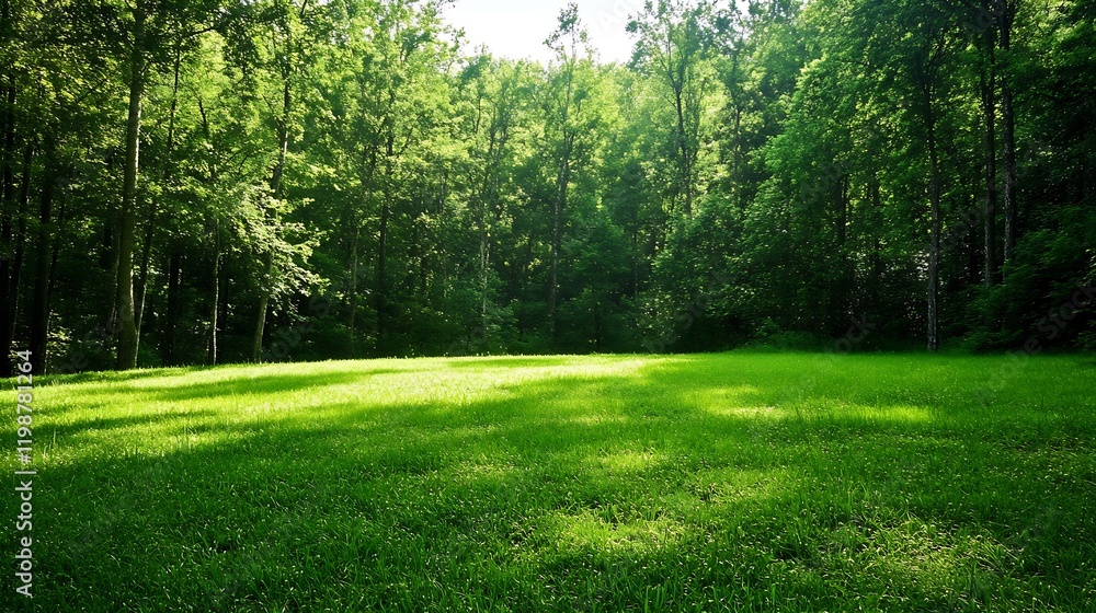 Poster vibrant green forest scene with lush grass and sunlight through trees : generative ai