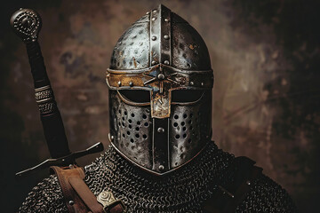 Fantastic beautiful royal knight in iron armor guards castle chambers, abstract vivid composition consists of fictional unreal fantastic vision on background