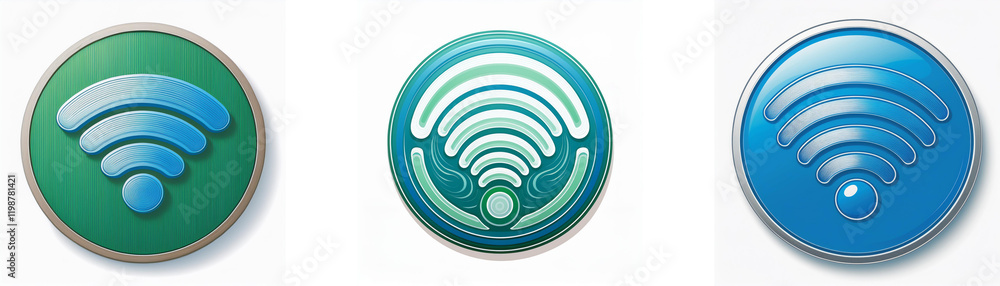 Leinwandbilder Three circular icons displaying varying designs of a Wi-Fi signal.  Each icon features a unique color scheme and style.